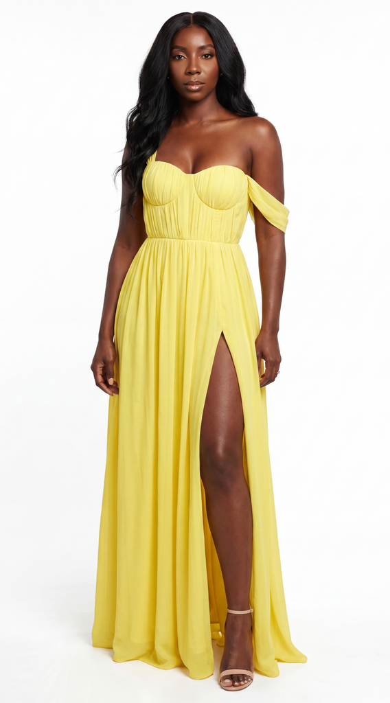 Soleil Lemon Chiffon High Slit Maxi Dress