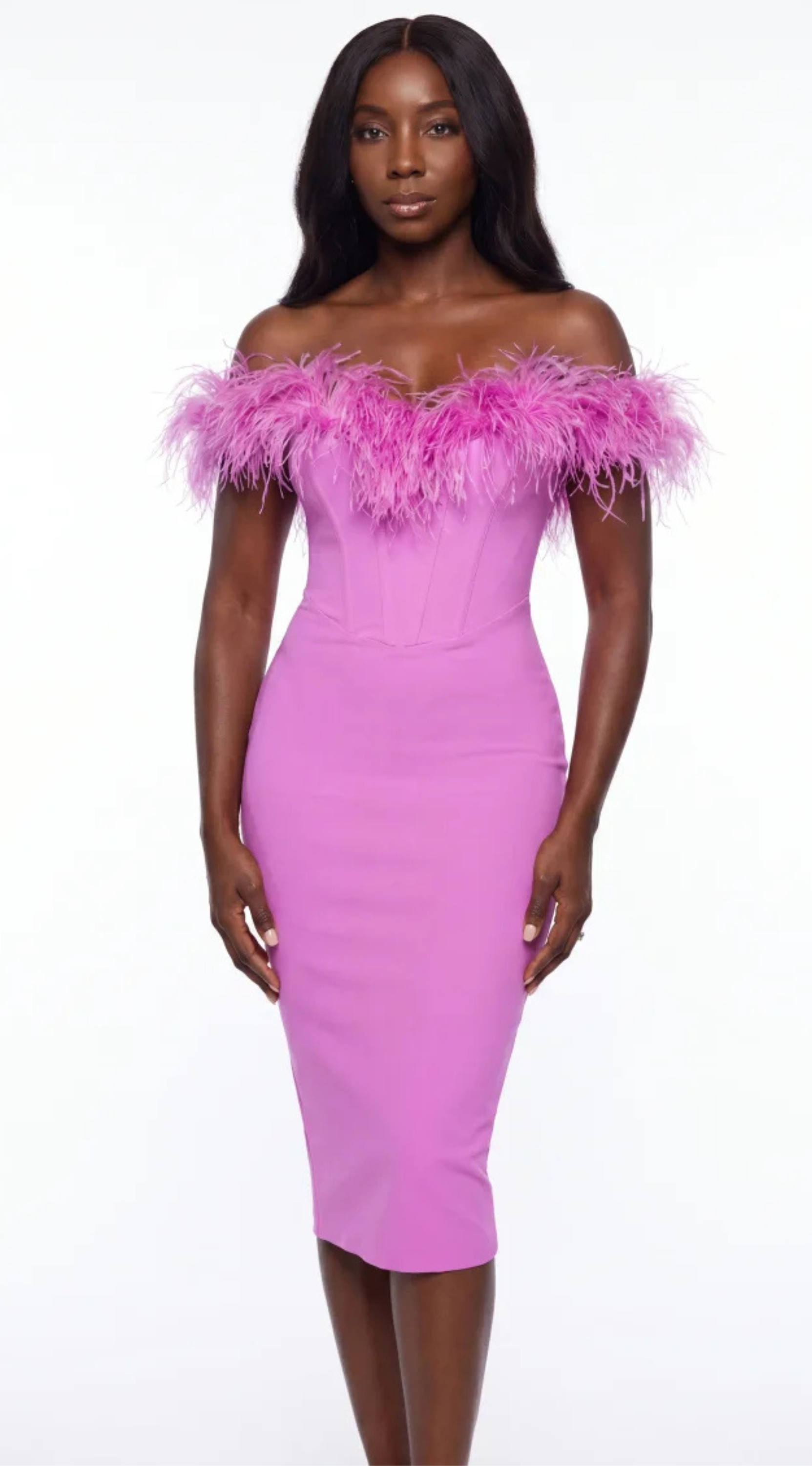 Ophélie Fuchsia Feather Corset Midi Dress