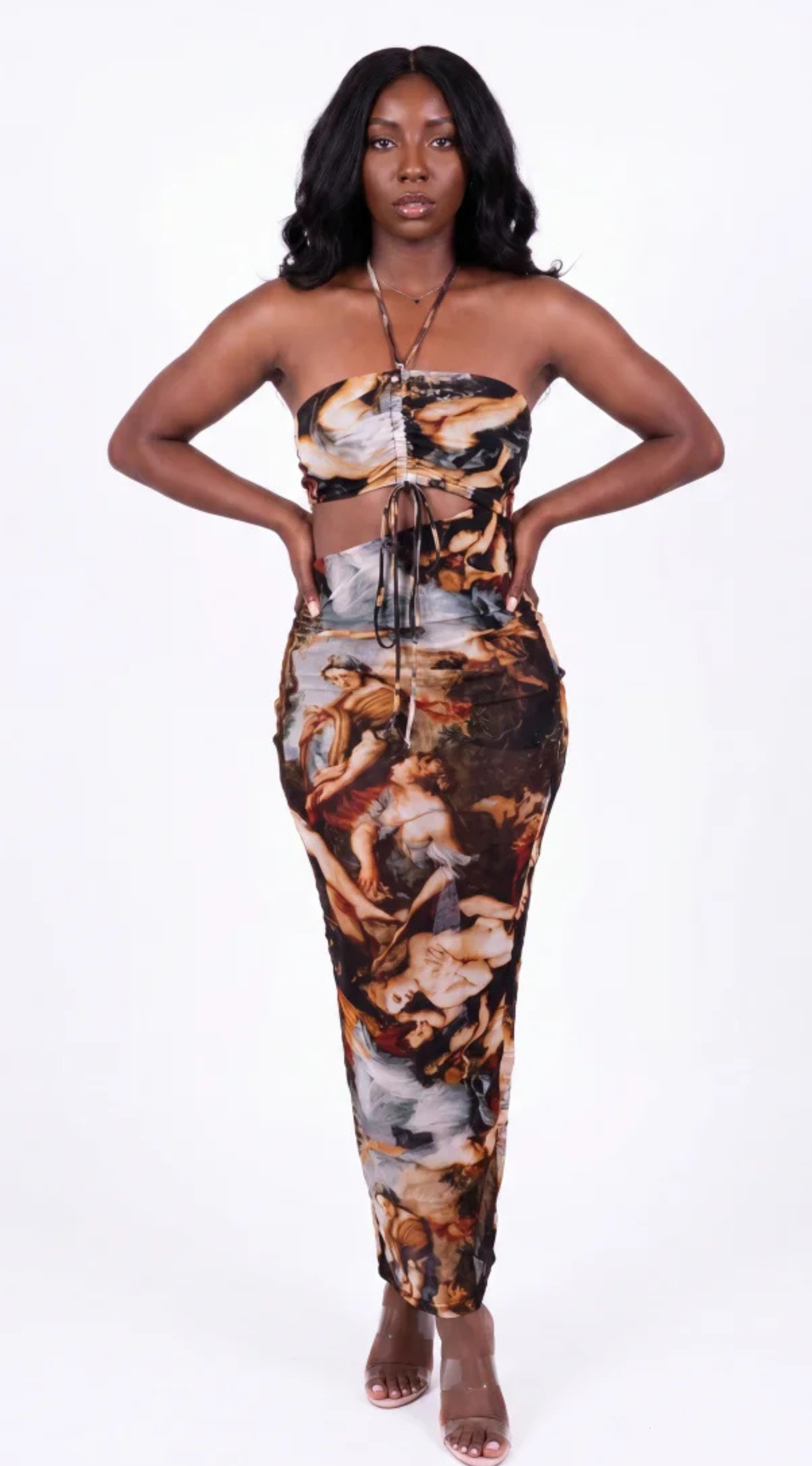 Renaissance Print Mesh Halter Maxi Dress